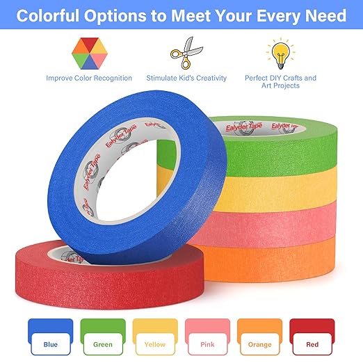 6 Rolls Colored Masking Tape - Rainbow Color, 0.94-Inch x 60-Yard Colorful Craft Tape, Painters Tape Great for Crafts, Art, Labeling, DIY Projects