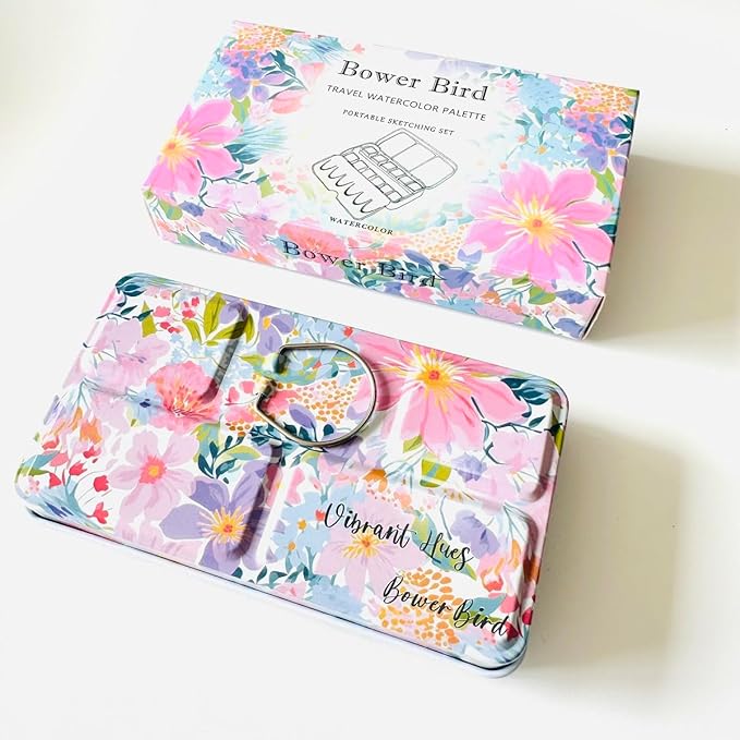 Bower Bird Travel Watercolor Palette,Portable Ceramic Palette,Empty Paint Palette,Small Travel Metal Paint Boxwith Porcelain Palette (16Well)