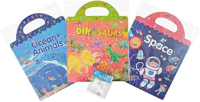 ToysDiva Dinosaurs, Ocean Animals, Space: Reusable Sticker Activity Booklet Bundle with 1 Mini Collectible Eraser for Ages 3+ (Random Theme) [56144]"