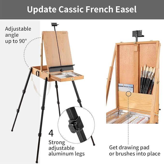 Falling in Art 4 Legs Beechwood French Easel - Portable Plein Air Studio Easel Stand with Bigger Storage Drawer, Full Size Sketchbox Travel Easel for Painting, Drawing, Artwork Display, Natural