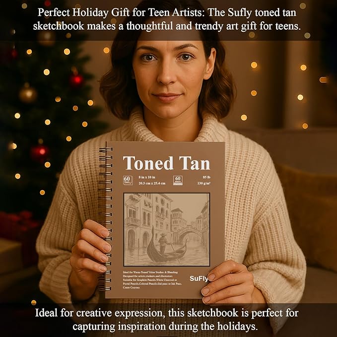 SuFly Toned Tan Sketchbook, 8x10 Inches, 60 Sheets - 90lb/150gsm Tan Paper for Mixed Media, Charcoal, Graphite, Colored Pencils & White Gel Pens, 100% Recycled, Wire-O Bound.