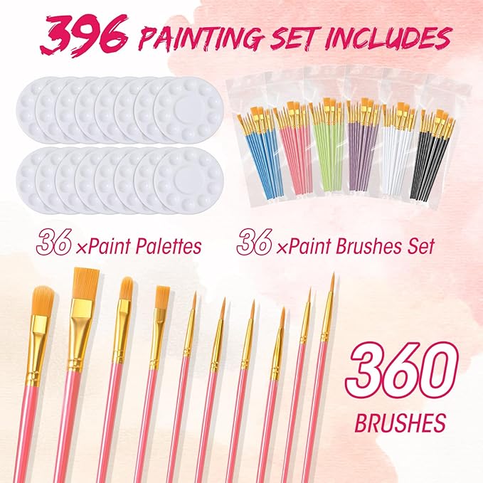 36 Sets Painting Brush Palette, 360 Bulk Paint Brushes and 36 Paint Palette Tray, Nylon Brush Head for Oil, Watercolor, Acrylic Painting, Rock Body Face Art, Party, Adult, Students
