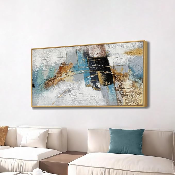 Large 100% Handmade Abstract Oil Painting with Frame Modern Original Hand Painted Heavy Textured Wall Painting Blue Gold Grey Canvas Wall Art Wall Decor for Living Room Bedroom Office Hang 48x24 inch