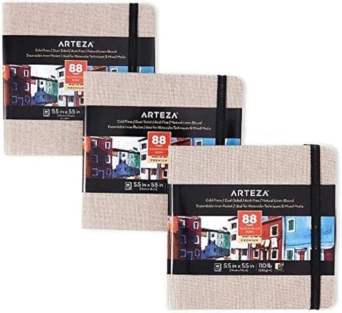 ARTEZA Watercolor Sketchbook, 3-Pack, 88 Pages Each, 5.5 x 5.5 Inches, Gray Hardcover, 110-Pound Paper