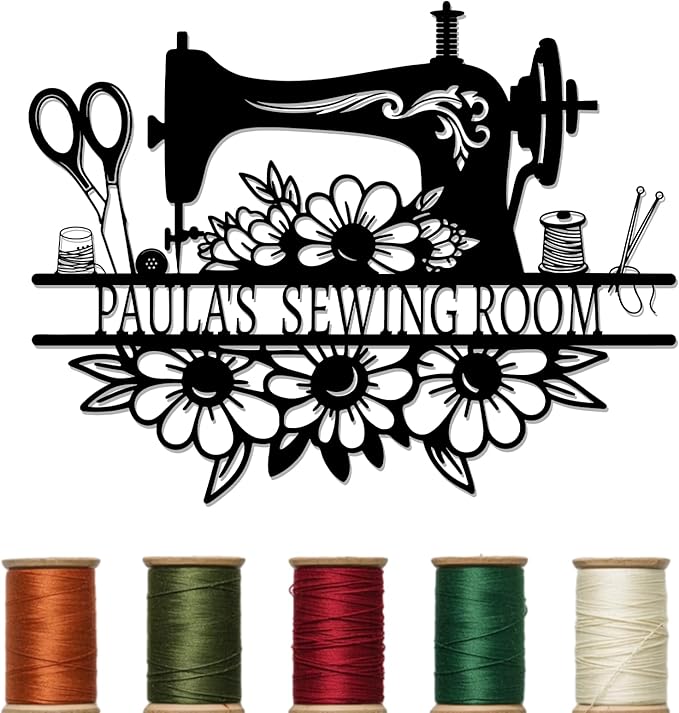 Custom Sewing Machine Sign, Personalized Name Sewing Room Decor with Quilting Supplies Pattern, Customized Mother's Day Quilting Gifts for Quilters Women Mom Grandma Wife Sewing Lover