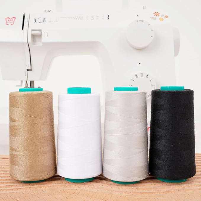 Sewing Thread Cones 4 Pack-3000Yds All Purpose Polyester Thread for Sewing,Tex 30,Quilting, Serger Machines, Overlock, Embroidery (Black,White,Light Gray,Khaki)