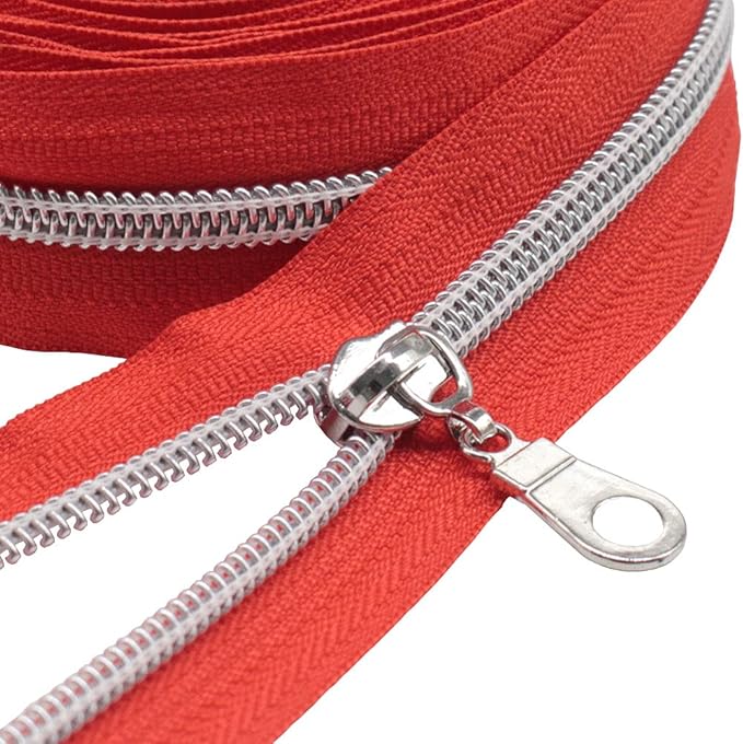 MebuZip #5 Silver Metallic Nylon Coil Zippers by The Yard Bulk Coil Zipper Roll 10 Yards with 25pcs Pulls for DIY Sewing Craft Bags (Red)