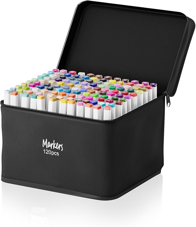 RUN HELIX Alcohol Markers, 120 Colors Dual Tip Markers Broad Brush Tip and Fine Tip, Marker for Coloring Drawing Painting Art, Alcohol Marker Set with Case for Adults (White Barrel)