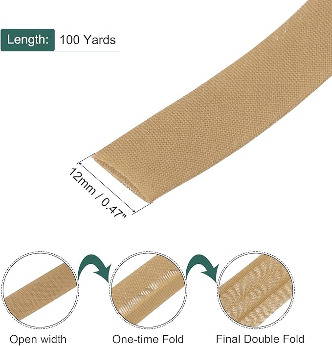 MECCANIXITY 1/2 Inch Double Fold Bias Tape Polyester Continuous Bulk Bias Tape for Sewing, Seaming Quilting Hemming Binding Crafts (Khaki 100 Yards)