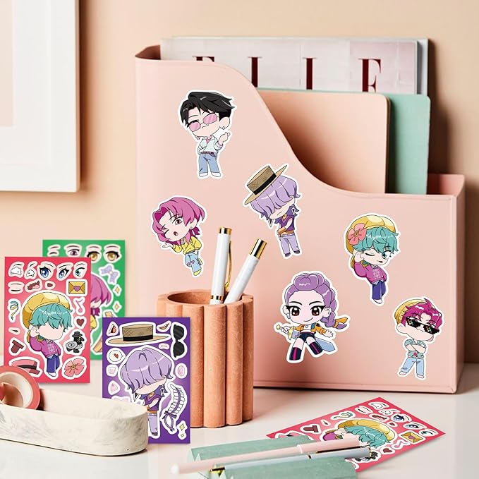 24Sheets DIY Make a Face De-mon Movie Hu-nters Stickers for Kids, 6.3”x4.3” Make Your Own Mixed & Matched with 8 Designed Characters Sticker for Birthday Party Supplies Favors Class Reward