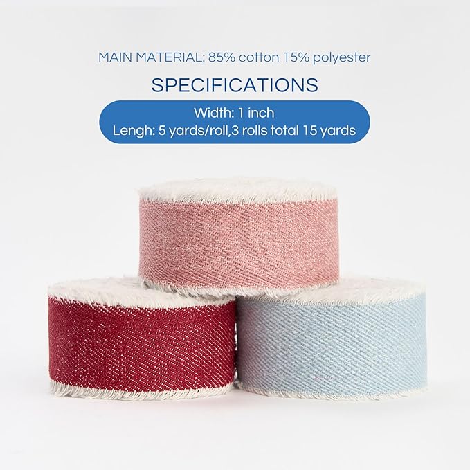 Pretty Jolly Red Pink Denim Ribbon for Crafts Handmade Rustic Frayed Cotton Jean Fabric Ribbon for Flower Bouquet 15 Yards 1 Inch Cloth Ribbons for Gift Wrapping Hair Sewing Accessories Holiday Decor