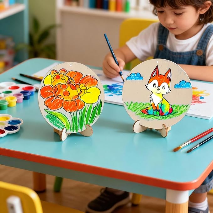 10PCS Wood Ornaments for Crafts with Double-Sided Designs Wood Circles for Crafts to Paint for Kids Hang or Display with Stand Wooden Ornaments for boy and Girl Ages 4-8
