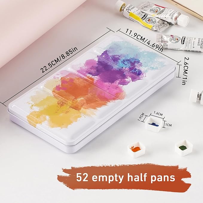 PEVART Empty Watercolor Paint Palette case,Metal Water Color Tin Box with 52 Empty Half Pans and Fold-out Mixing Painting Tray-Portable Travel Watercolor Palette, Plain Air painting