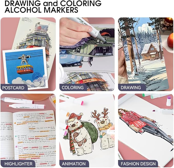 TRANSON Alcohol Markers for Drawing Coloring 24 Colors Dual-tip Fine and Chisel Tips