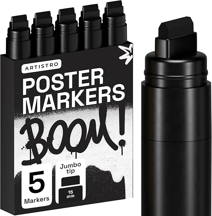 ARTISTRO 5 Black Paint Pen for Glass Marking, Rock Painting, Ceramic, Wood, Tire, Fabric, Metal, Canvas - Set of 5 Acrylic Paint Markers Water-based - Jumbo Tip
