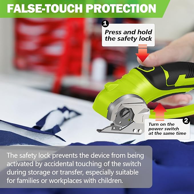 Cordless Electric Scissors, 4V Box Cutter & Cardboard Cutter with 2 Titanium Blades - Rotary Cutter with LED Light for Fabric, Leather, Carpet, Plastic, Crafting + Storage Case (Green)