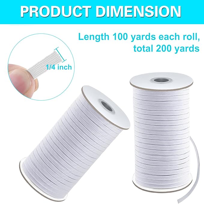 Coopay 200 Yards Length 1/4" Width Elastic Bands Flat Elastic Cord Rope Heavy Stretch Spool Knit for Sewing DIY Projects, Arts & Crafts, 2 Rolls, 100 Yards/Roll (White, 1/4 Inch)