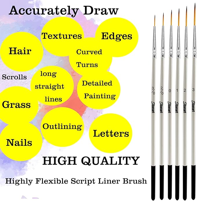 Script Liner Paintbrush 6 PCS Highly Flexible Liner Brush Extra Long Fine Point Tip Pinstriping Scroll Outlining Brush for Acrylic Watercolor Oil Gouache