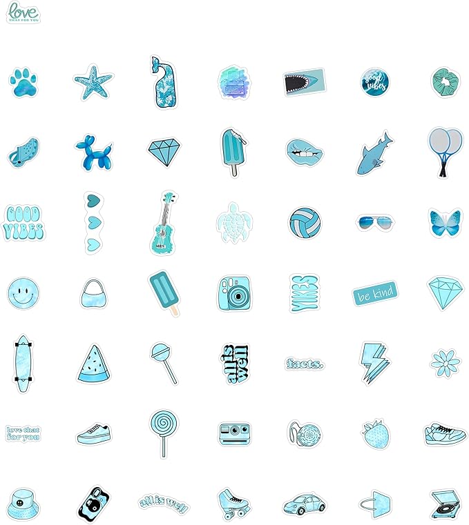 BulbaCraft 100Pcs Teal Stickers, Blue Stickers for Water Bottle and Laptop - Teal Party Supplies & Decorations, Waterproof Vinyl Decals, Gifts for Women & Men