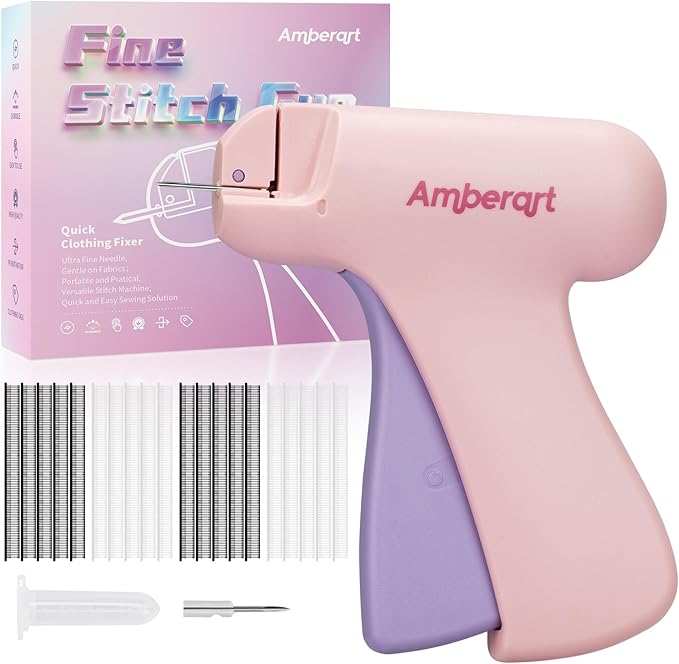 Stitch Gun for Clothes, Handheld Quick Clothing Fixer, Mini Sewing Kit, Tag Gun Includes 2 Needles, 1000 Black Fasteners & 1000 White Fasteners (Pink)