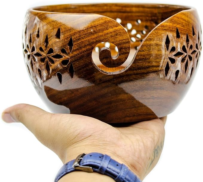 Nagina International Rosewood Crafted Wooden Yarn Storage Bowl With Carved Holes & Drills | Knitting Crochet Accessories (Large)