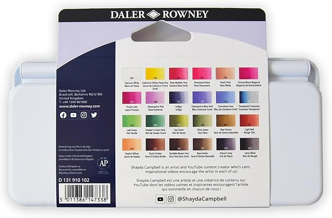 Daler-Rowney Aquafine Watercolor Paint Set, Shayda Campbell Artist Palette, Plastic Travel Set, 24 Half Pans, Assorted Colors, 1 Count