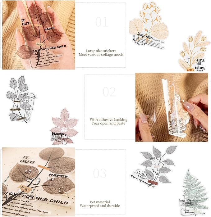 Yoksas 120Pcs Large Nature Plants Leaf Veins Stickers - Clear Waterproof Fallen Botanical Leaves Stickers for Scrapbooking,Junk Bullet Journal