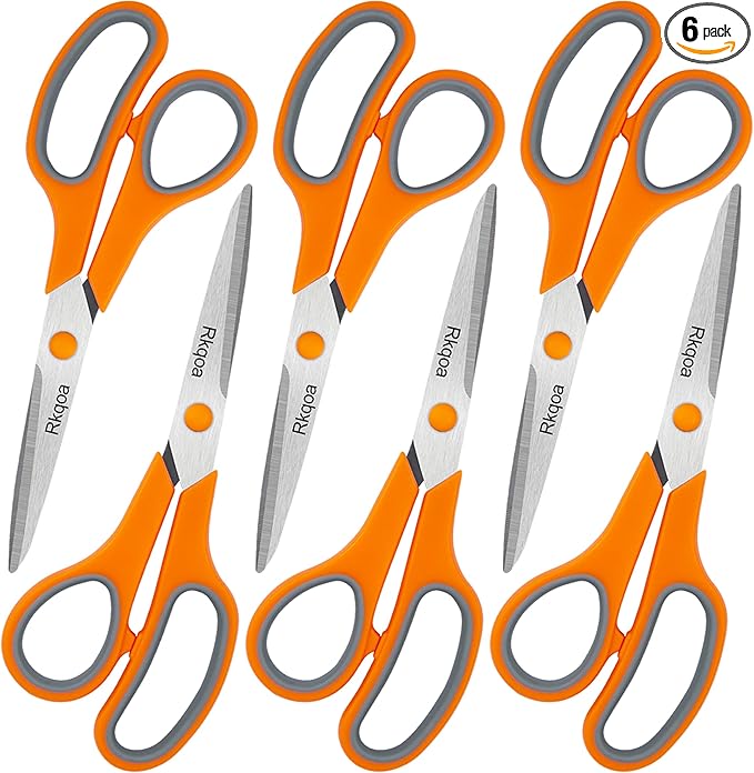 Scissors Set of 6 Bulk, Rkqoa 8" All Purpose Scissors Pack - with Ultra Sharp Blades and Comfort Grip Handles for School Office Classroom Everyday Use, Adult Size Scissor