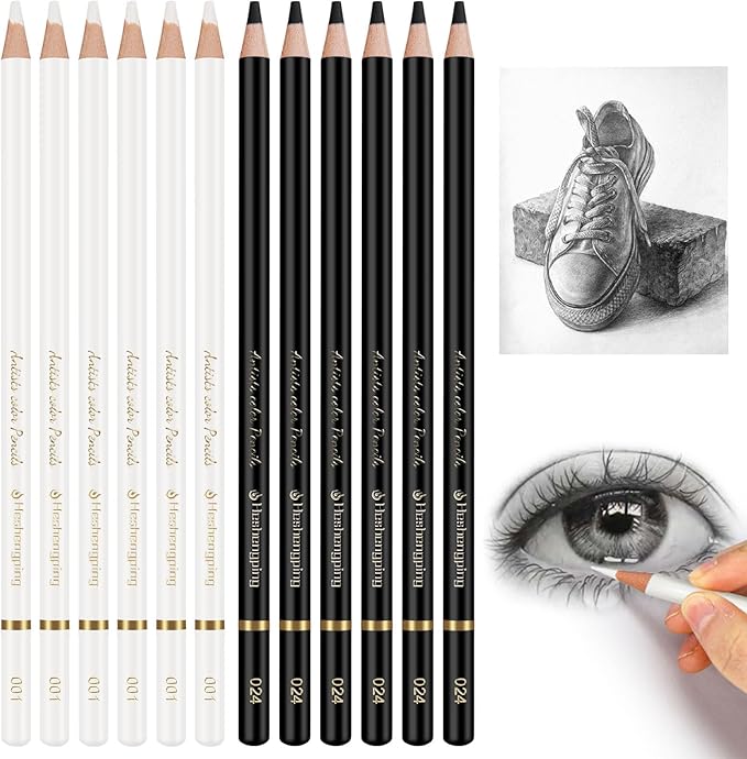 Heshengping 6 Black 6 White oil color pencils coloring drawing pencil oil-based wooden colored pencils for artists beginners artists, 12 pack