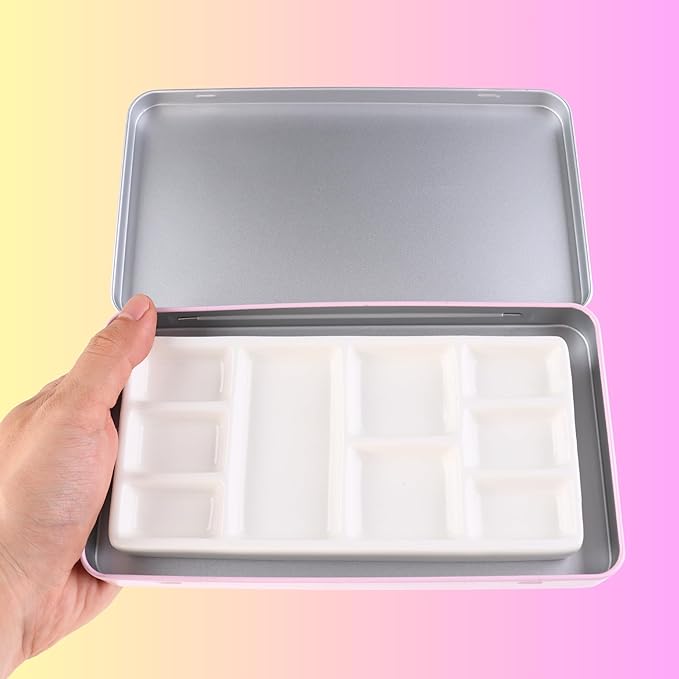 Travel Watercolor Palette, Portable Ceramic Palette 9 Well, Watercolor Palette with Lid, Empty Wet Palette Metal Paint Box with Porcelain Palettes(Pink Box)
