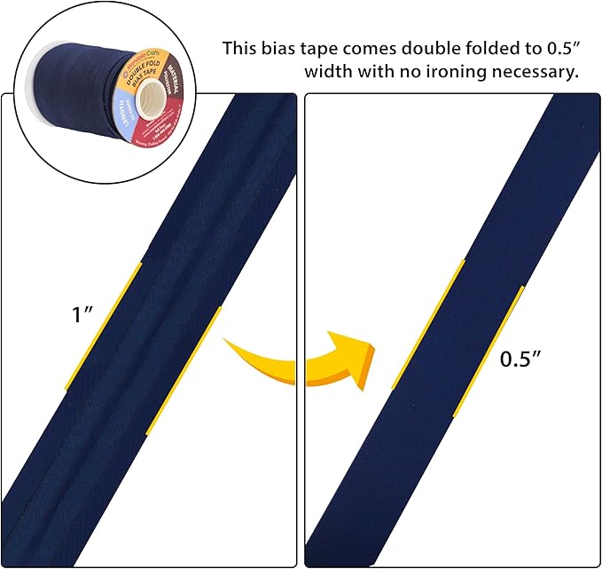 Mandala Crafts 55 Yards 1/2 Inch Navy Blue Double Fold Bias Tape for Sewing - Bias Binding Tape for Quilting Binding, Hemming, Seam, and Fabric Piping