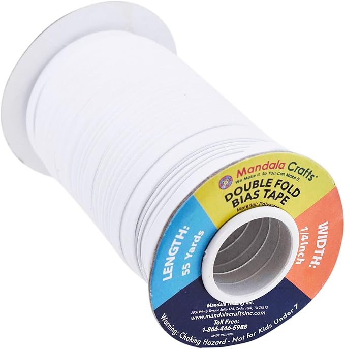 Mandala Crafts 55 Yards 1/4 Inch White Double Fold Bias Tape for Sewing - Bias Binding Tape for Quilting Binding, Hemming, Seam, and Fabric Piping