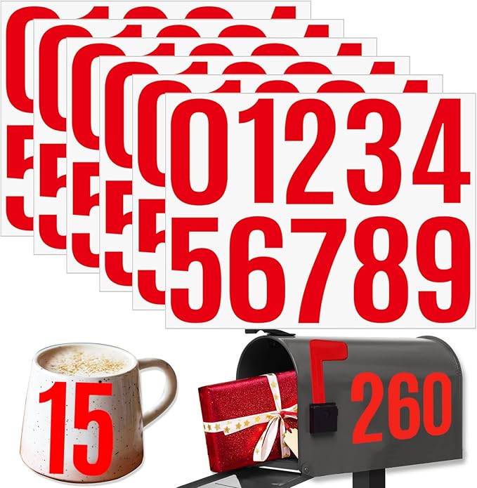 6 Sheets 4 Inch Mailbox Numbers Stickers Vinyl Decals,Self Adhesive Number Waterproof Large House Address Numbers for Outside Mailbox,Signs,Window,DIY Crafts Making,Door,Car,Home,Business(Red)
