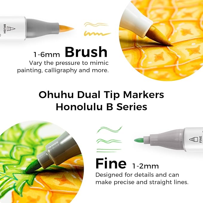 Ohuhu Alcohol Markers Brush Tip - 120-color AP Certificated Double Tipped Art Marker Set for Artist Adults Cozy Coloring Drawing Illustration - Brush and Fine Dual Tips - Honolulu B - Refillable