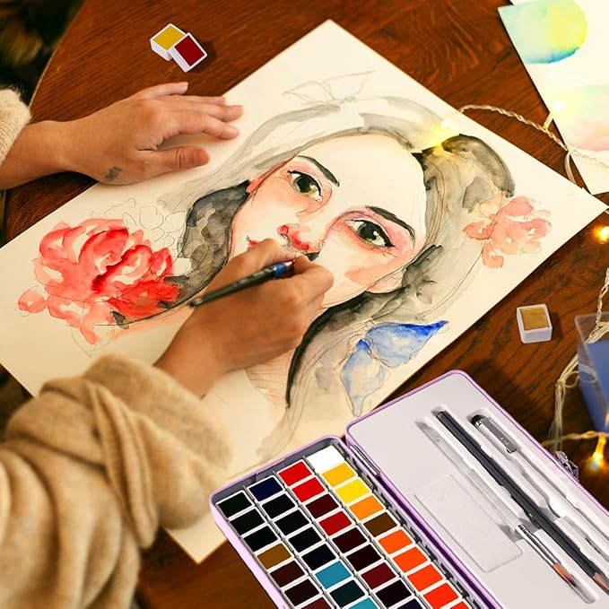 Travel Watercolor Set, 52 Colors Watercolor Paint with 1 Drawing Pencil, 1 Paint Brush, 5 Watercolor Paper, 1 Sponge & 1 Black Drawing Pen, Water Colors Paint Adults Set, Purple Case