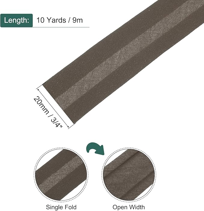 MECCANIXITY 3/4 Inch Single Fold Bias Tape Cotton Continuous Bulk Bias Tape for Sewing, Seaming Quilting Hemming Binding Crafts (Brown 25 Yards)