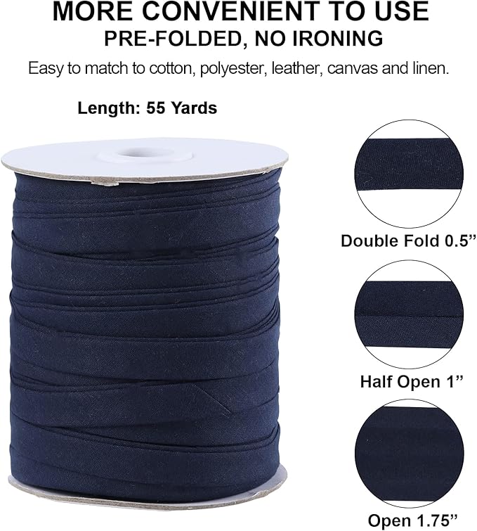 Bias Tape Double Fold 1/2 inch, Double Fold Bias Binding Tape 55 Yards (Navy Blue) and 4 Pieces Sewing Fabric Chalks for Crafts, Sewing, Seaming, Hemming, Piping, Quilting.