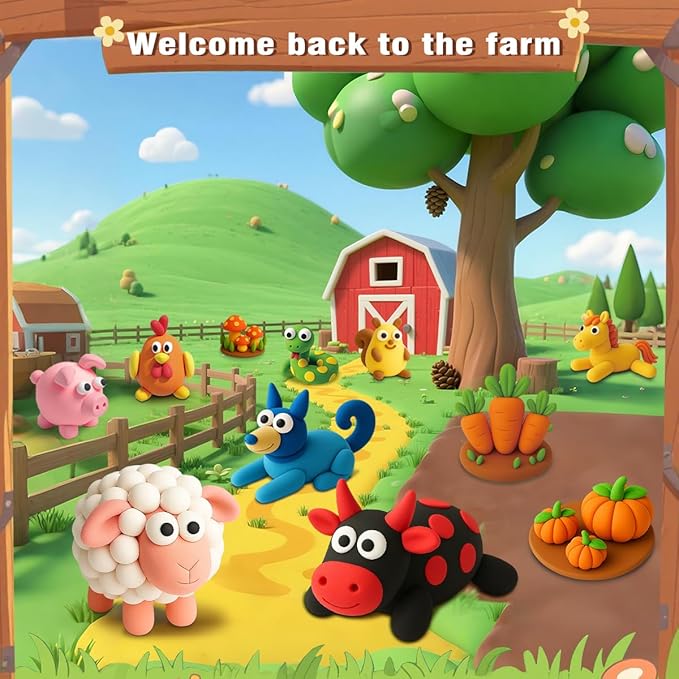 BEIREG Air Dry Clay for Kids - 15Pcs Farm Animals & Vegetables with Tutorial Scence Card, Ultra Soft, Safe Non-Toxic, DIY Modeling Magic Clay, School Projects Party Favors for Boys Girls Ages 3-12