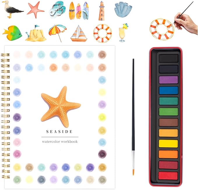 Kivzex Watercolor Workbook for Adults, Beginner Friendly Watercolor Painting Kit Seaside Water Coloring Book, Nature-Themed Practice Art Gift Water Color Paint Book with Palette and Brush