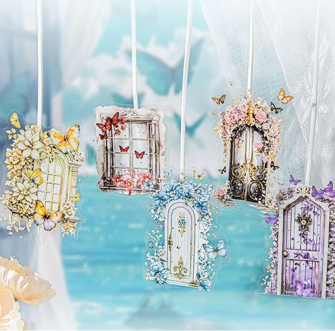 60 PCS Vintage Floral Butterfly Window and Door Scrapbook Stickers with Gold Holographic Outlines, Glitter Shiny Decorative PET Stickers for Scrapbooking, Planner, Journaling Supplies, Crafting