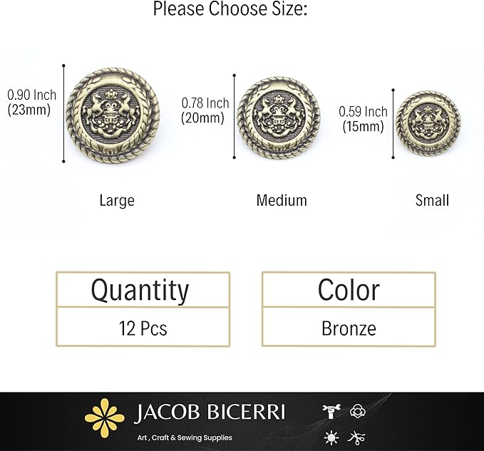 Bronze Metal Shank Buttons - 12 Pcs - 3 Size Options - Twin Horse Round Metal Shank Buttons for Men Women Blazer Coat Uniform Shirt Suit and Jacket Sewing Craft DIY N16801