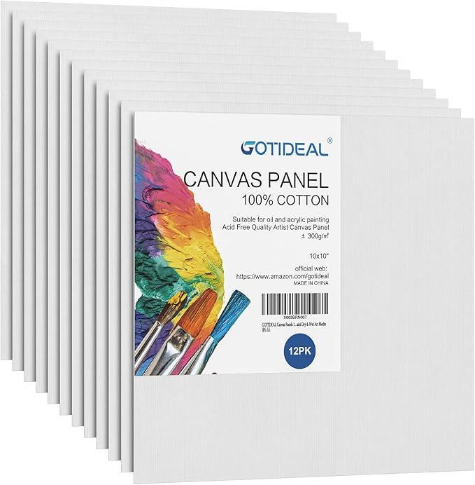GOTIDEAL Canvases for Painting, 10x10 inch of 12 Pack, Professional Primed White Blank Flat Canvas Panels- 100% Cotton Artist Canvas Boards for Acrylics Painting, Oil Watercolor Tempera