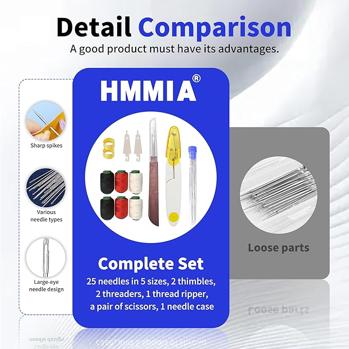 HMMIA Big Eye Steel Sewing Needles Kit, 37PCS Stainless Steel Needles for Hand Sewing, Long & Thin DIY Handmade Quilting Needle Set for Handcraft Lovers, Upholstery Repair