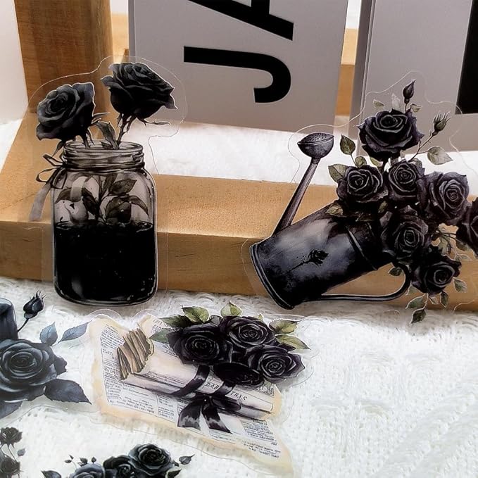 50-Piece Gothic Black Rose Stickers - Vintage Transparent Waterproof Scrapbook Stickers for Journaling, Gothic Decor, Planners - Dark Aesthetic with Floral, Book, Candle, Angel
