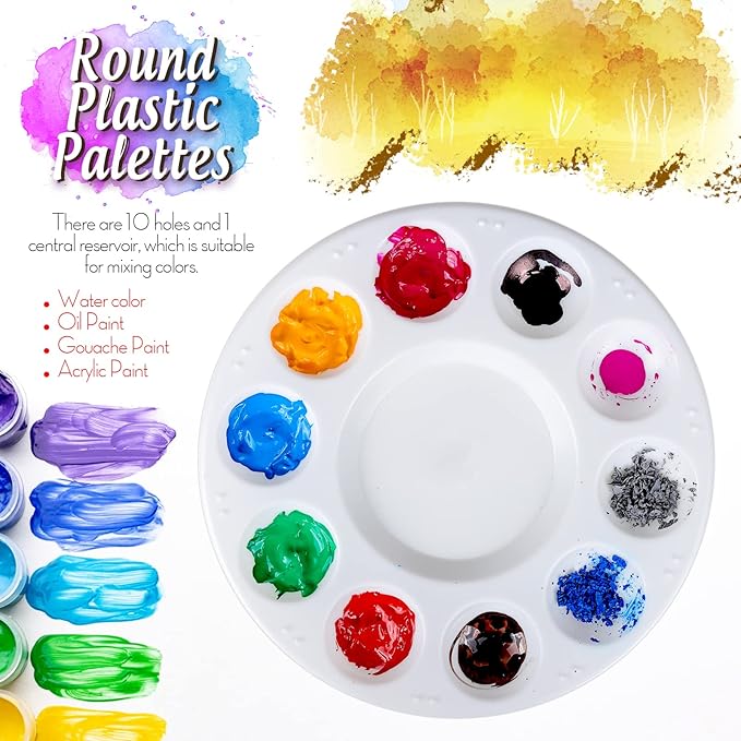 FANDAMEI Paint Palette, Paint Trays for Kids, Paint Pallets with 10 Wells for Adults & Kids, Round Paint Tray Palettes, Plastic Paint Tray Palette, for Painting or DIY Craft Class, White, 2 PCS