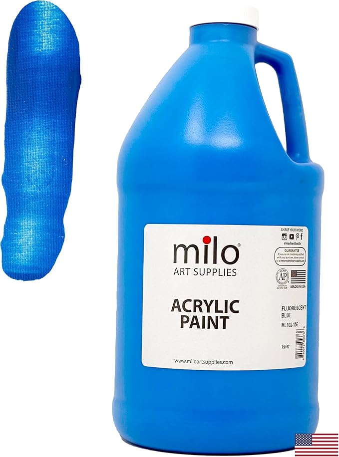 milo Fluorescent Blue Neon Acrylic Paint | 64 oz Bottle Half Gallon | Glows UV in Black Light | Non-Toxic Made in USA | Bulk Art Paint for Party, Student, Classroom, Artist