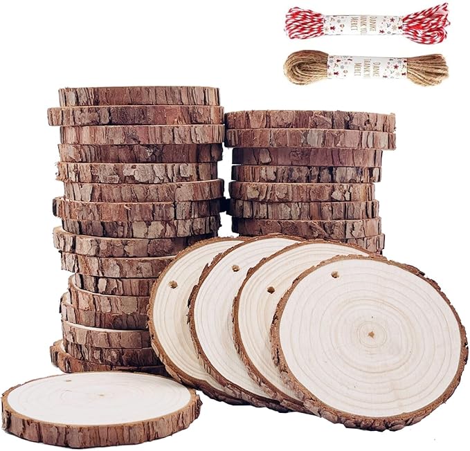 Unfinished Natural Wood Slices 32 Pcs 3.5-4 Inch Wood Coaster Sets Pieces Craft Wood kit Predrilled with Hole Wooden Circles Great for Arts and Crafts Christmas Ornaments DIY Crafts Rustic Wedding