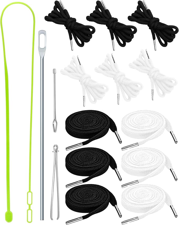 FIVEIZERO 16pcs Drawstring Cord Kit-12pcs Hoodie Strings (Flat & Round,Black & White) with Drawstring Threader Tools,Bodkin,Rope Threader–Draw String Replacement for Pants,Shorts,Shoes,Sweatpants,Bag
