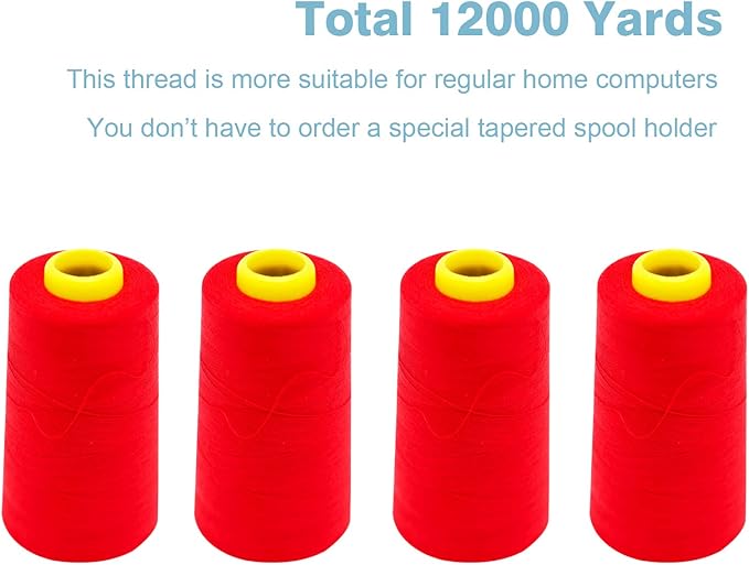 Red Serger Thread, All-Purpose Thread for Sewing, Polyester, 4 Cones of 3000 Yards Each Spool for Sewing Machine