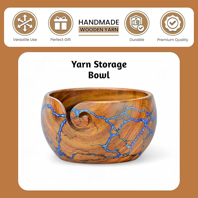 Large Yarn Bowl for Crocheting, Indian Rosewood Knitting Wooden Large Yarn Bowl Holder, Handmade Crocheting String Storage Holder, Knitting Crochet Accessories. (Brown + Blue Resin)